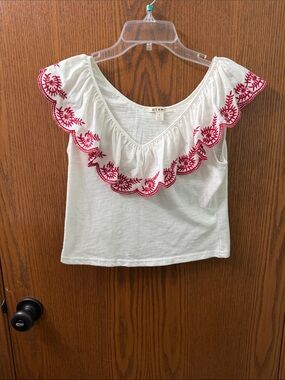 Miami White Flutter Sleeve Top with Red Embroidery- cropped